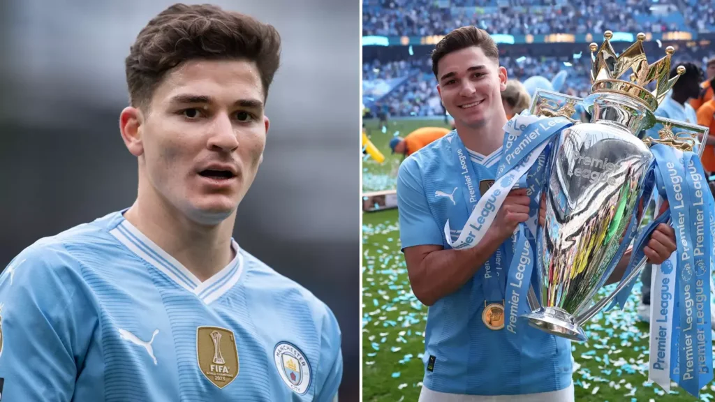 Julian Alvarez holding a UCL trophy