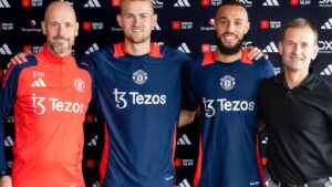 Man Utd's new signings Matthijs de Ligt (second left) and Noussair Mazraoui are flanked by Erik ten Hag and Dan Ashworth at their unveiling